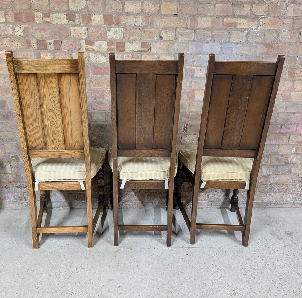 8 Vintage Ercol Old Colonial Yorkshire Oak Dining Chairs Set - Gothic Panel Back