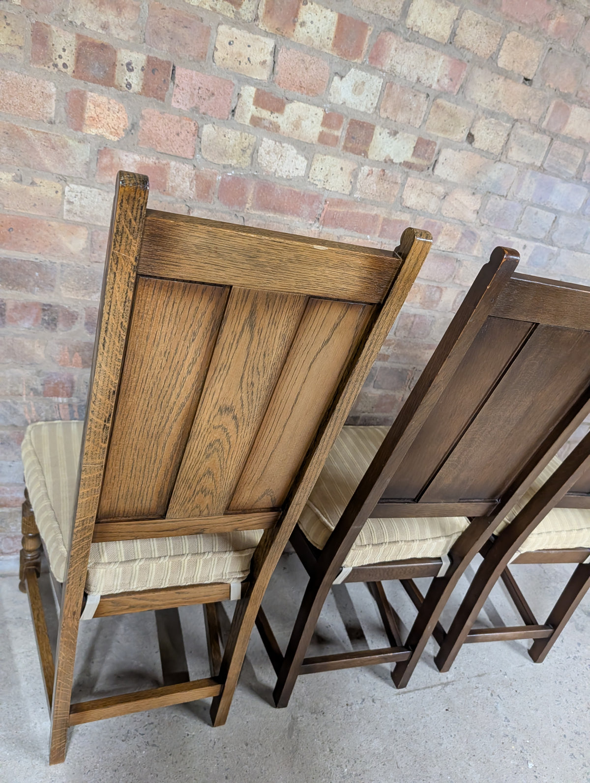 8 Vintage Ercol Old Colonial Yorkshire Oak Dining Chairs Set - Gothic Panel Back