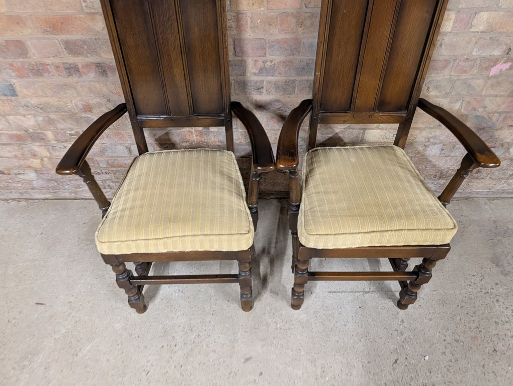 8 Vintage Ercol Old Colonial Yorkshire Oak Dining Chairs Set - Gothic Panel Back