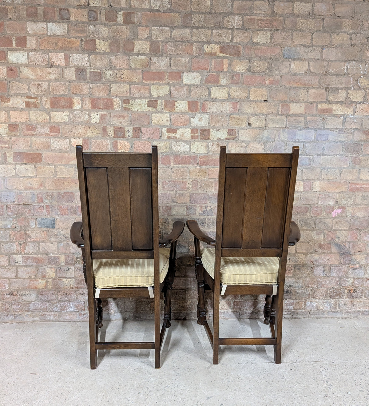 8 Vintage Ercol Old Colonial Yorkshire Oak Dining Chairs Set - Gothic Panel Back