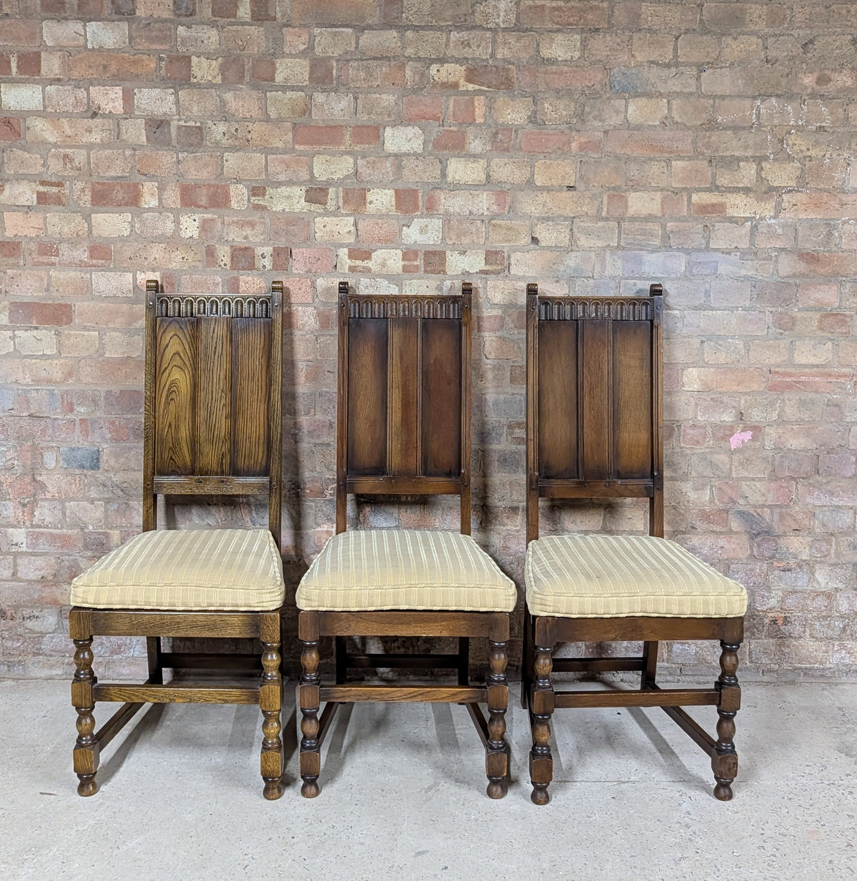8 Vintage Ercol Old Colonial Yorkshire Oak Dining Chairs Set - Gothic Panel Back