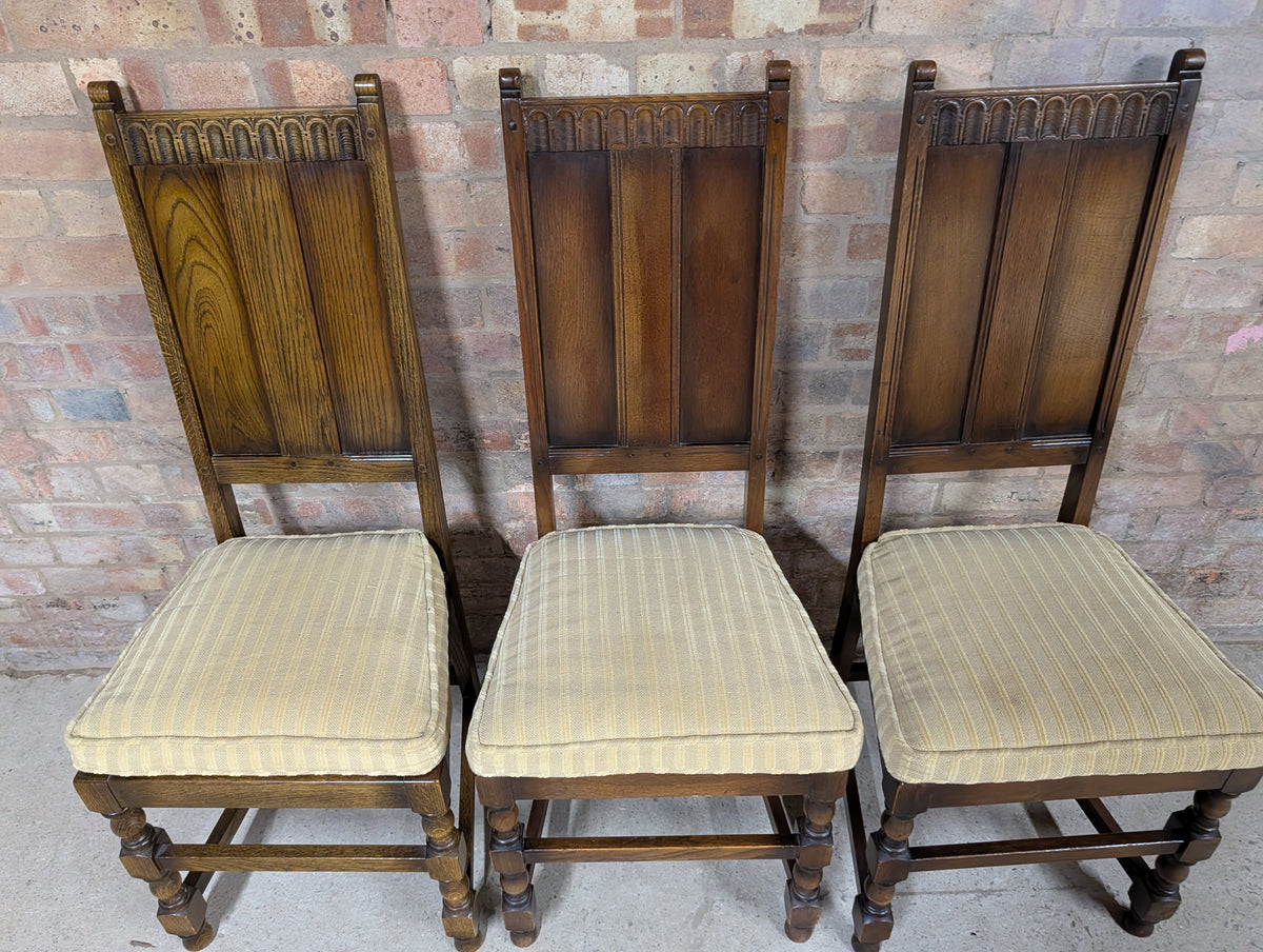 8 Vintage Ercol Old Colonial Yorkshire Oak Dining Chairs Set - Gothic Panel Back