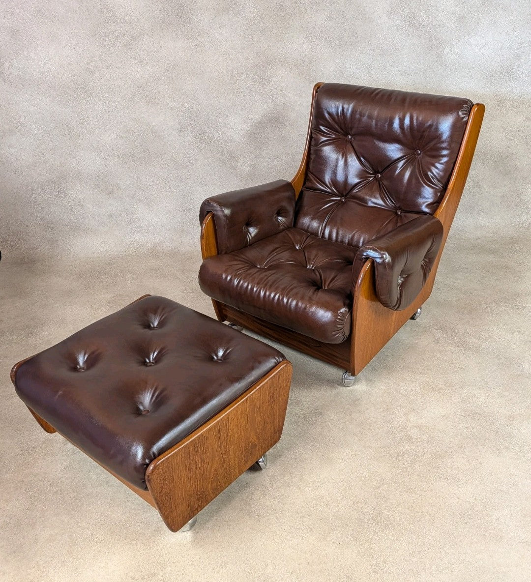 Mid Century G Plan Teak Saddleback Armchair With Stool Brown Faux Leather Retro