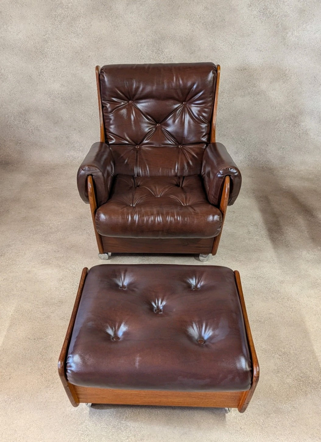 Mid Century G Plan Teak Saddleback Armchair With Stool Brown Faux Leather Retro