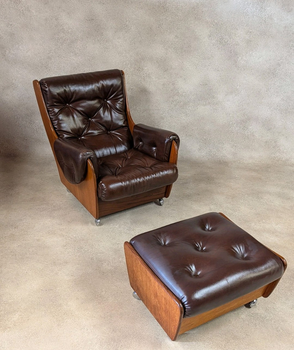 Mid Century G Plan Teak Saddleback Armchair With Stool Brown Faux Leather Retro