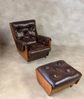 Mid Century G Plan Teak Saddleback Armchair With Stool Brown Faux Leather Retro