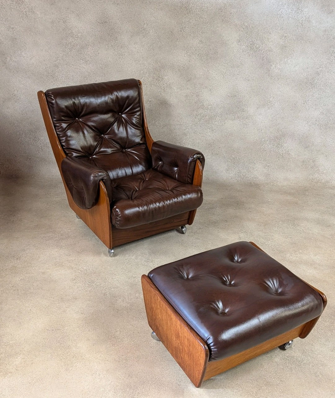Mid Century G Plan Teak Saddleback Armchair With Stool Brown Faux Leather Retro