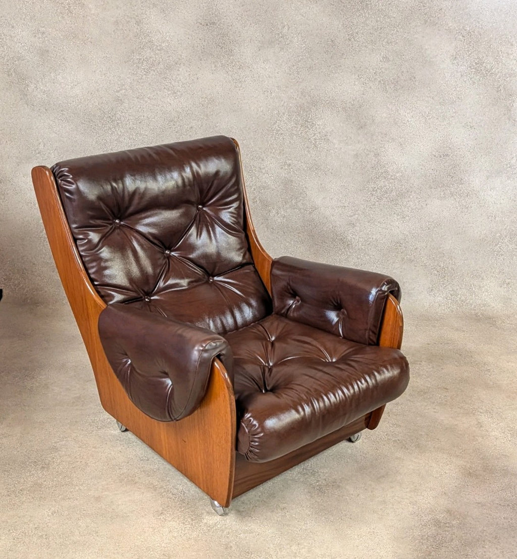 Mid Century G Plan Teak Saddleback Armchair With Stool Brown Faux Leather Retro