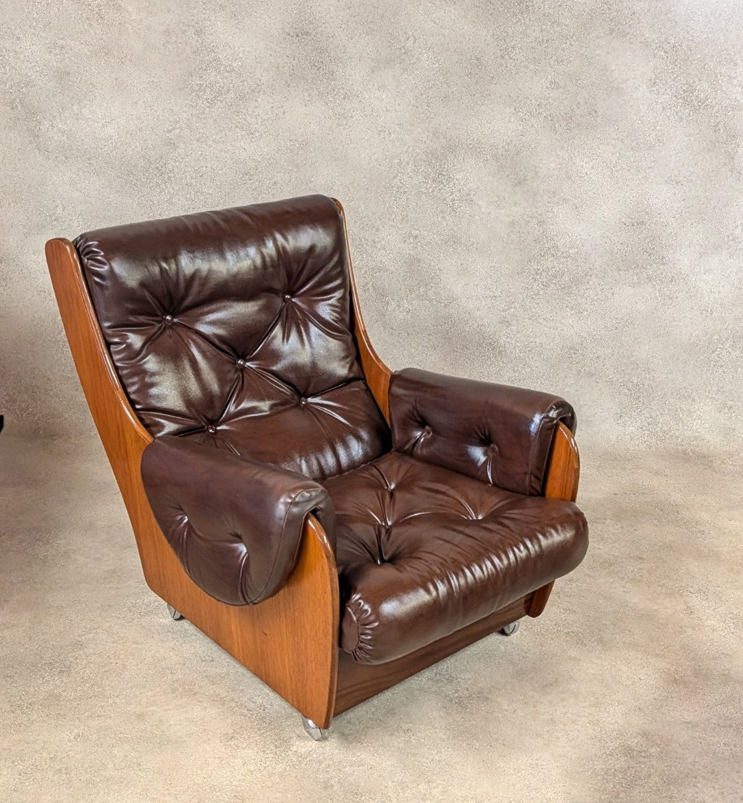 Mid Century G Plan Teak Saddleback Armchair With Stool Brown Faux Leather Retro
