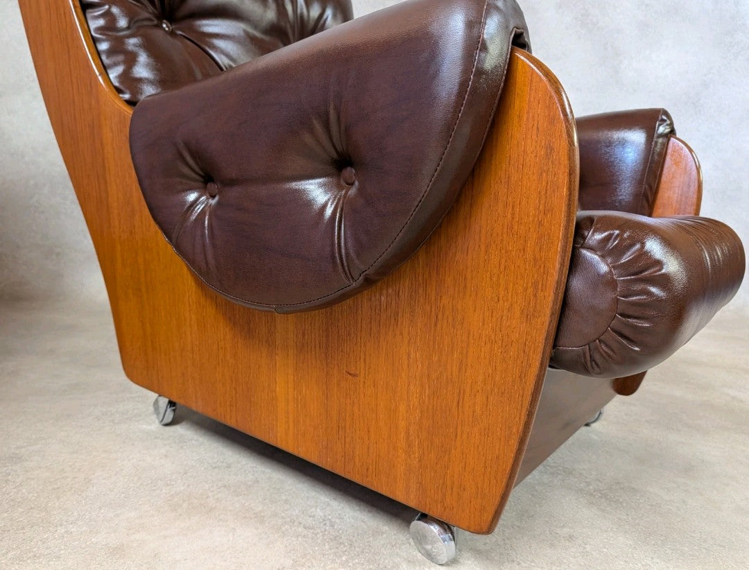 Mid Century G Plan Teak Saddleback Armchair With Stool Brown Faux Leather Retro