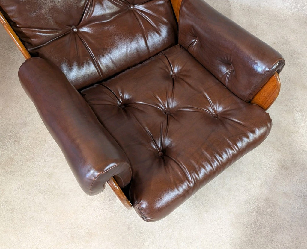 Mid Century G Plan Teak Saddleback Armchair With Stool Brown Faux Leather Retro