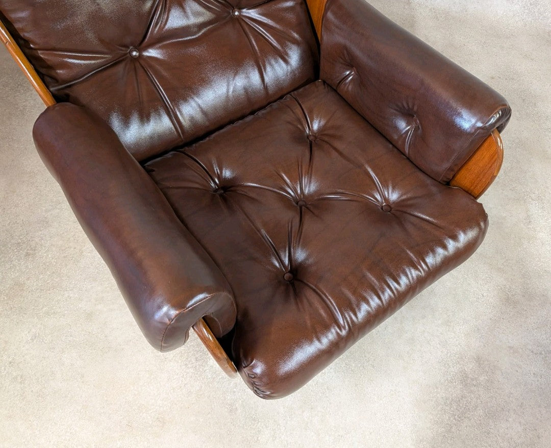 Mid Century G Plan Teak Saddleback Armchair With Stool Brown Faux Leather Retro