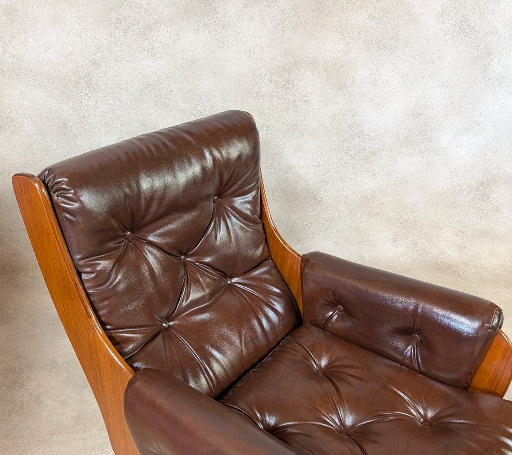 Mid Century G Plan Teak Saddleback Armchair With Stool Brown Faux Leather Retro