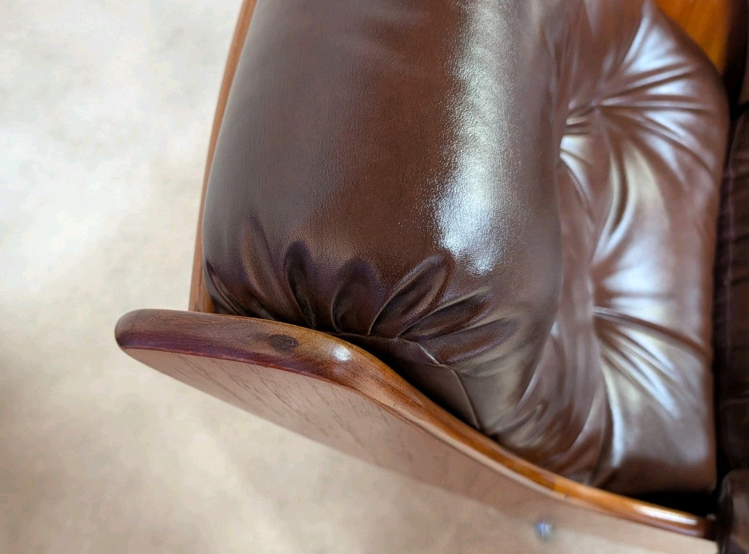 Mid Century G Plan Teak Saddleback Armchair With Stool Brown Faux Leather Retro