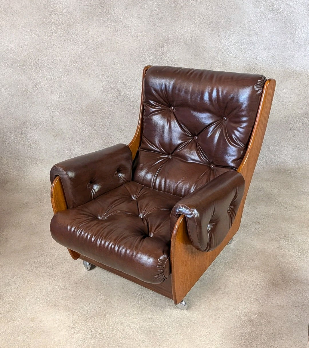 Mid Century G Plan Teak Saddleback Armchair With Stool Brown Faux Leather Retro