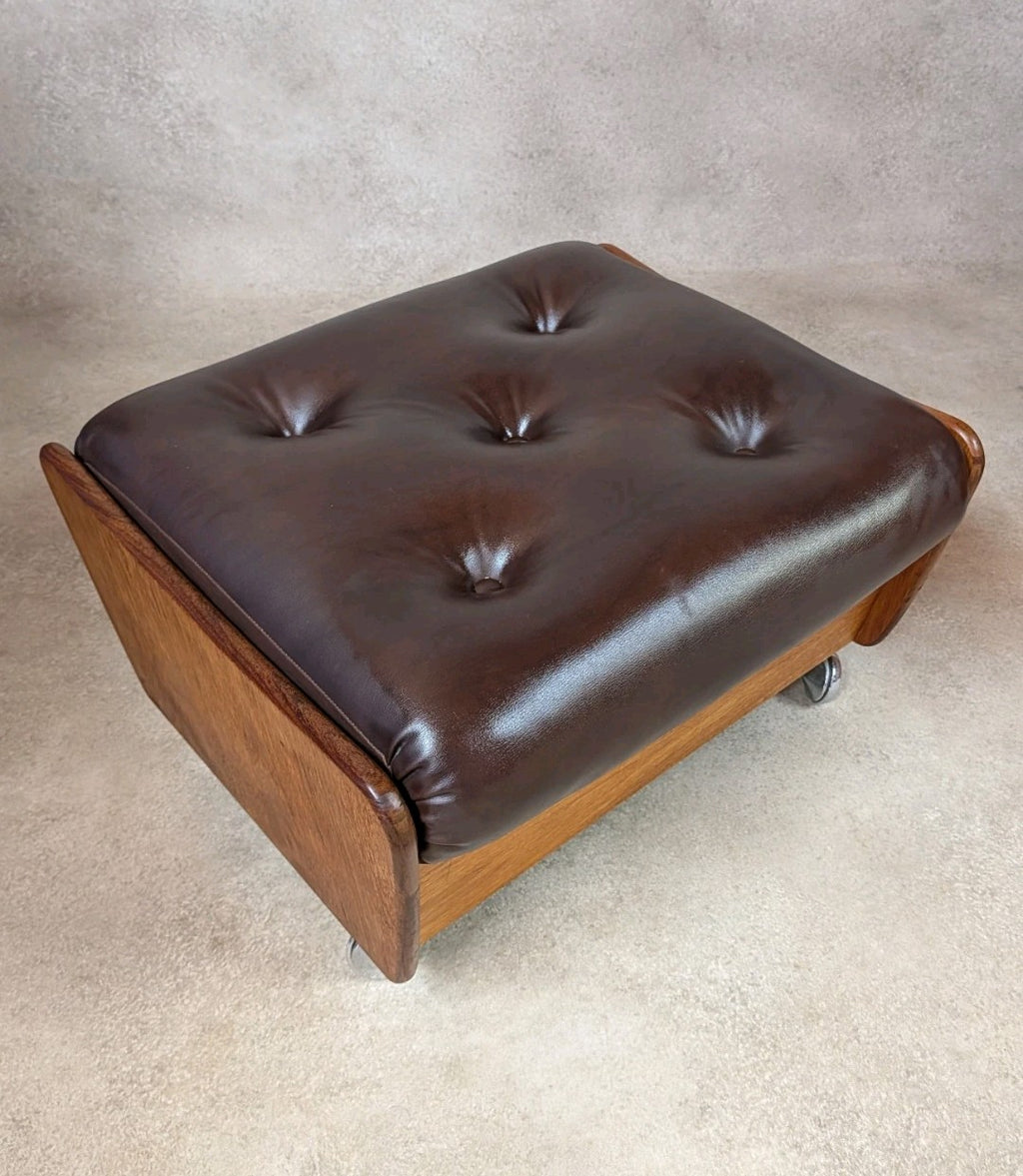 Mid Century G Plan Teak Saddleback Armchair With Stool Brown Faux Leather Retro