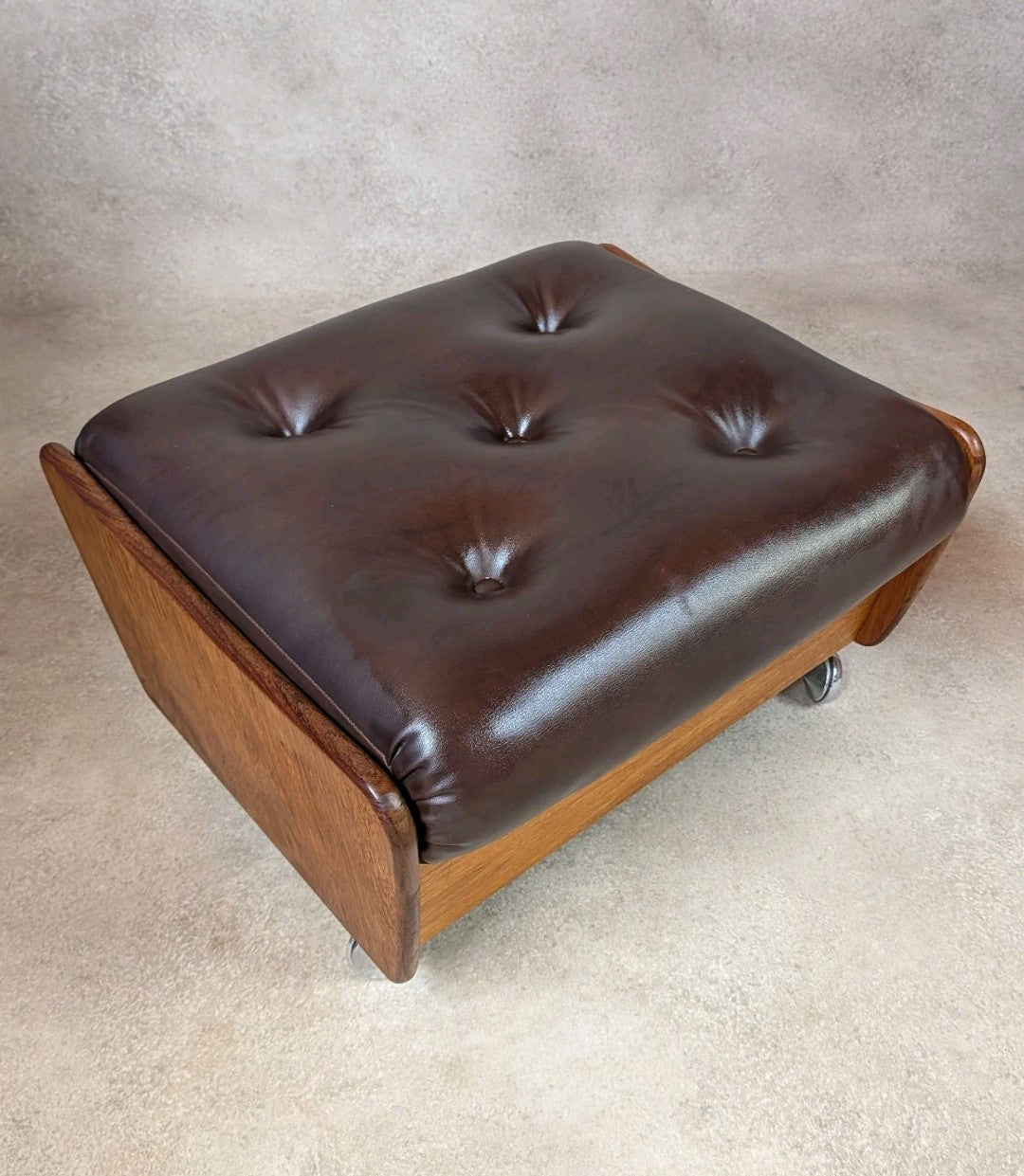 Mid Century G Plan Teak Saddleback Armchair With Stool Brown Faux Leather Retro