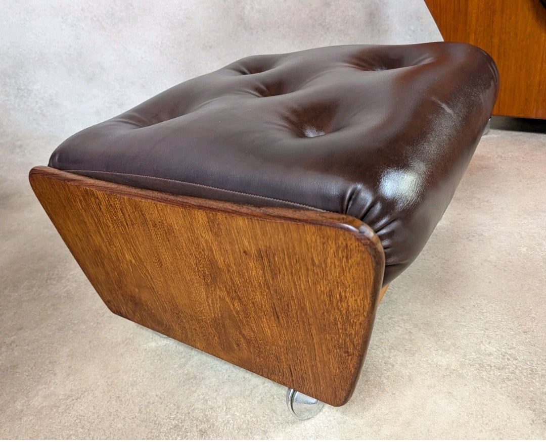 Mid Century G Plan Teak Saddleback Armchair With Stool Brown Faux Leather Retro