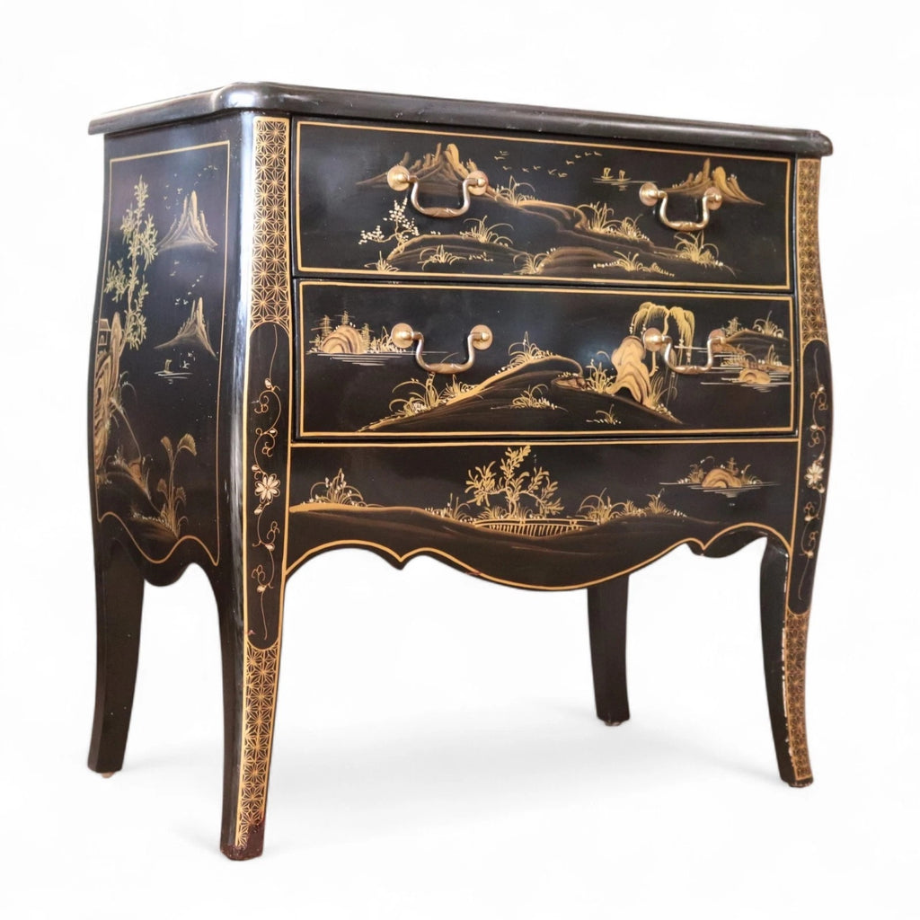 Vintage Chinoiserie Black Lacquer Chest of Drawers Gold Japanned Bomb Chest