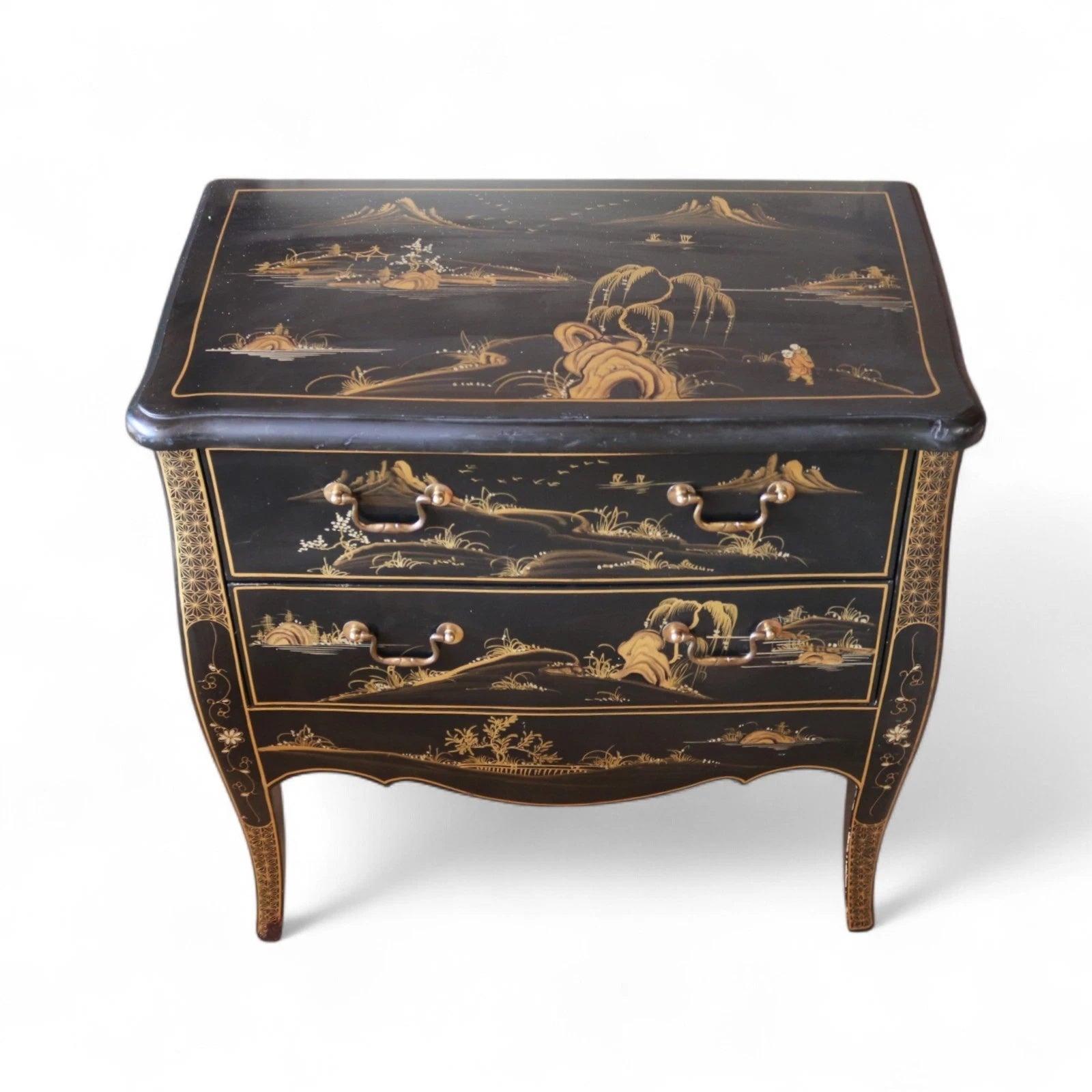 Vintage Chinoiserie Black Lacquer Chest of Drawers Gold Japanned Bomb Chest