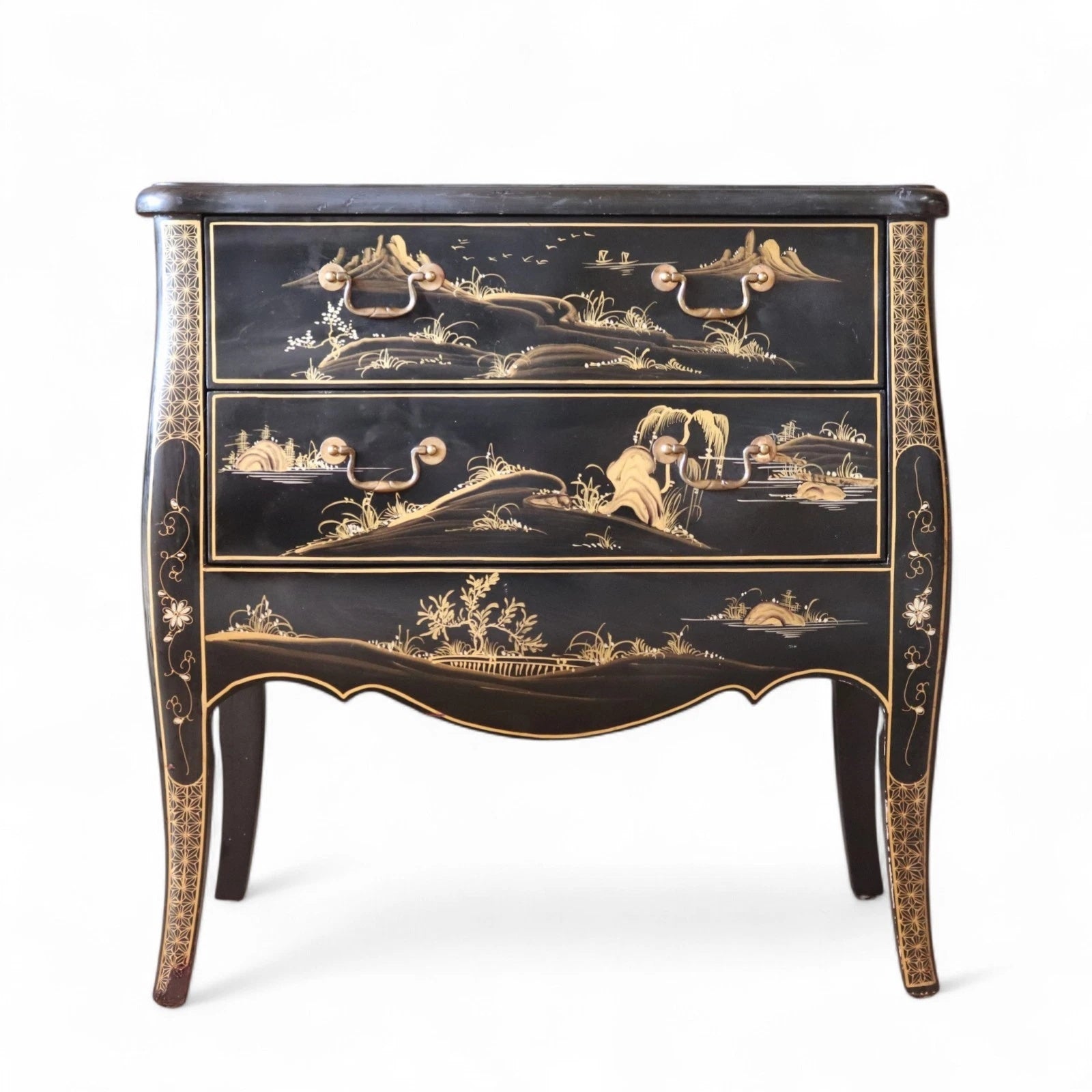 Vintage Chinoiserie Black Lacquer Chest of Drawers Gold Japanned Bomb Chest