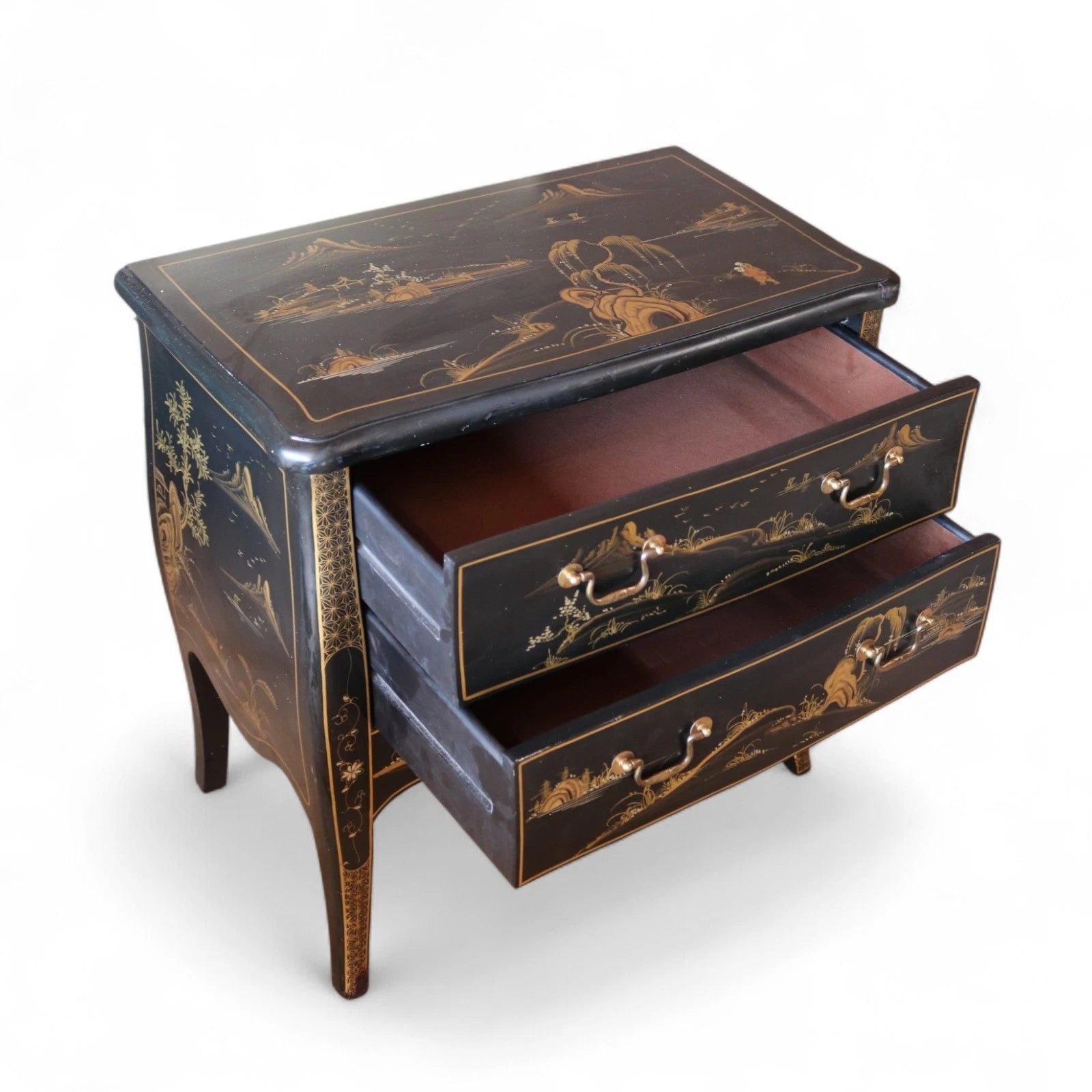 Vintage Chinoiserie Black Lacquer Chest of Drawers Gold Japanned Bomb Chest
