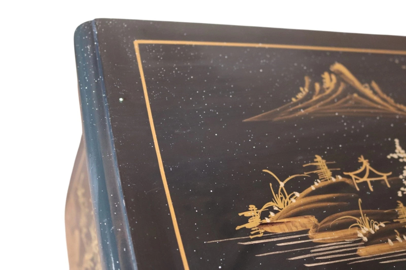 Vintage Chinoiserie Black Lacquer Chest of Drawers Gold Japanned Bomb Chest