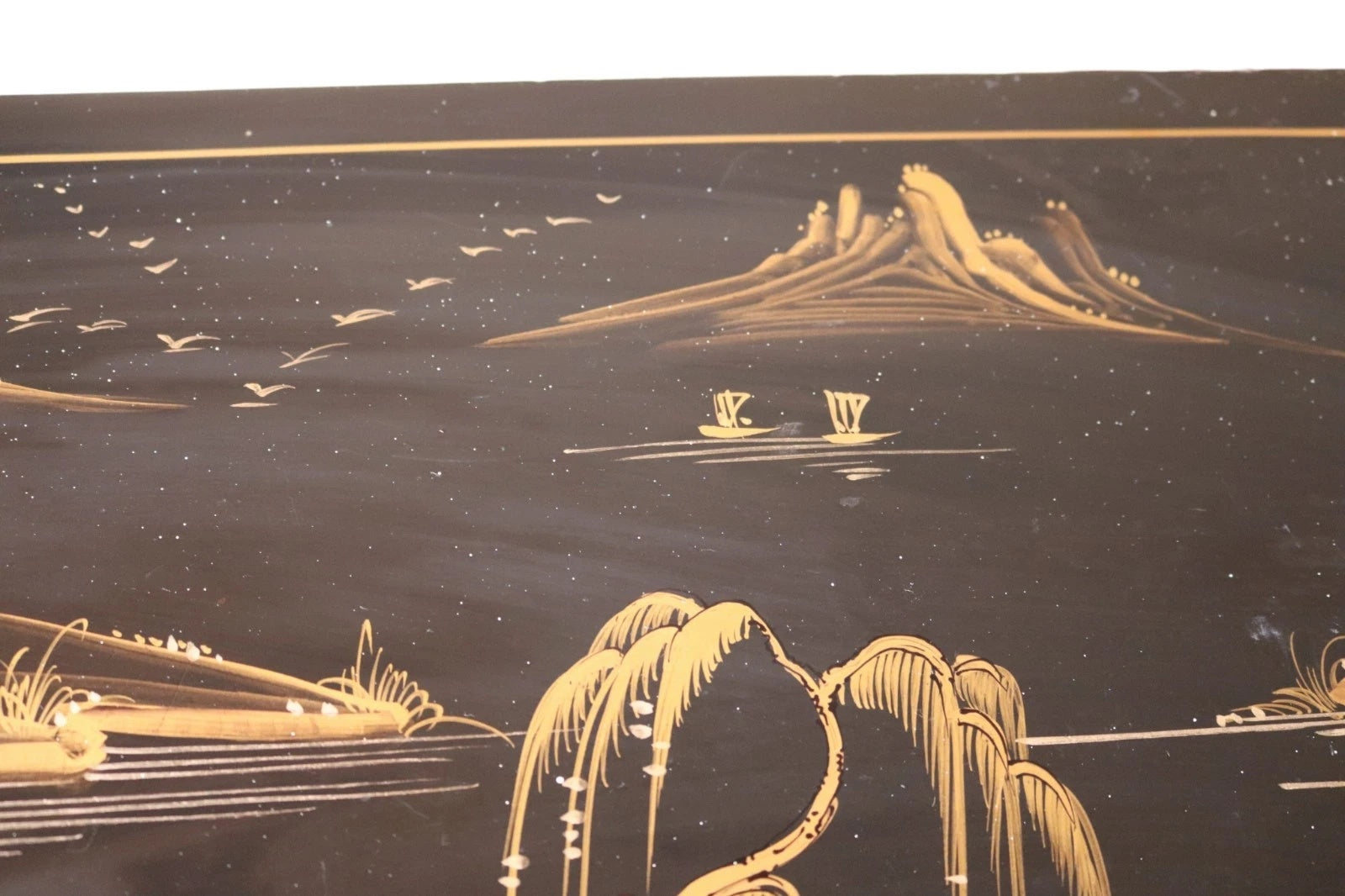 Vintage Chinoiserie Black Lacquer Chest of Drawers Gold Japanned Bomb Chest