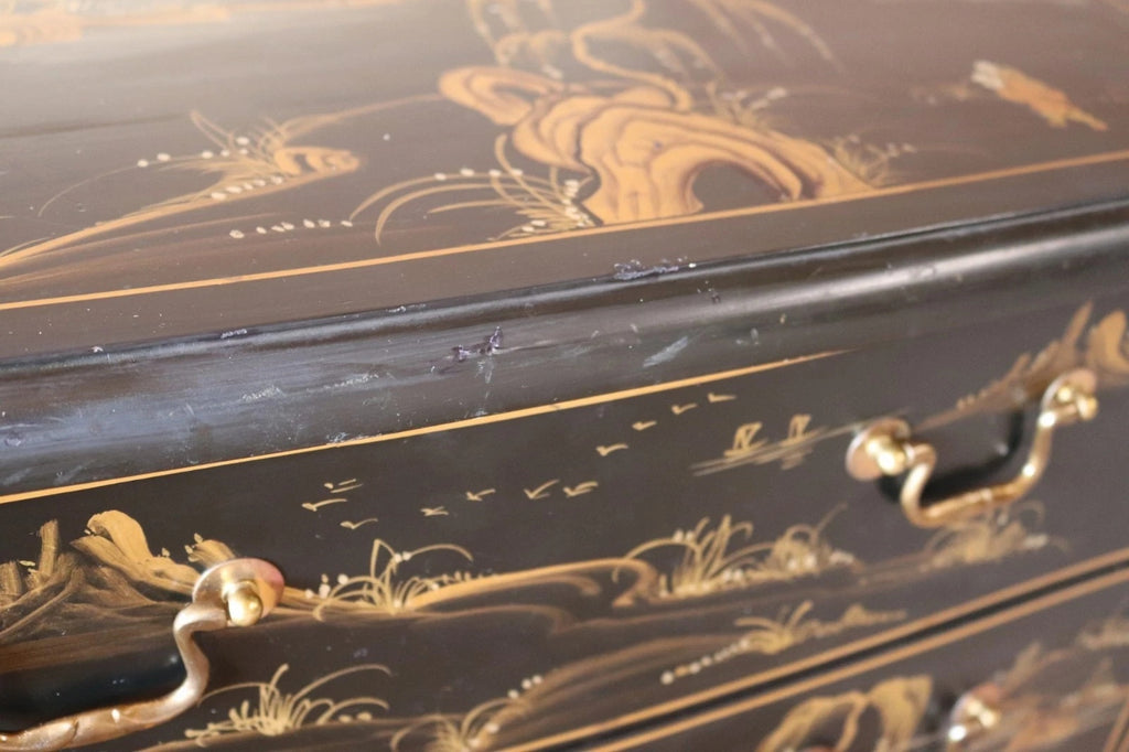 Vintage Chinoiserie Black Lacquer Chest of Drawers Gold Japanned Bomb Chest