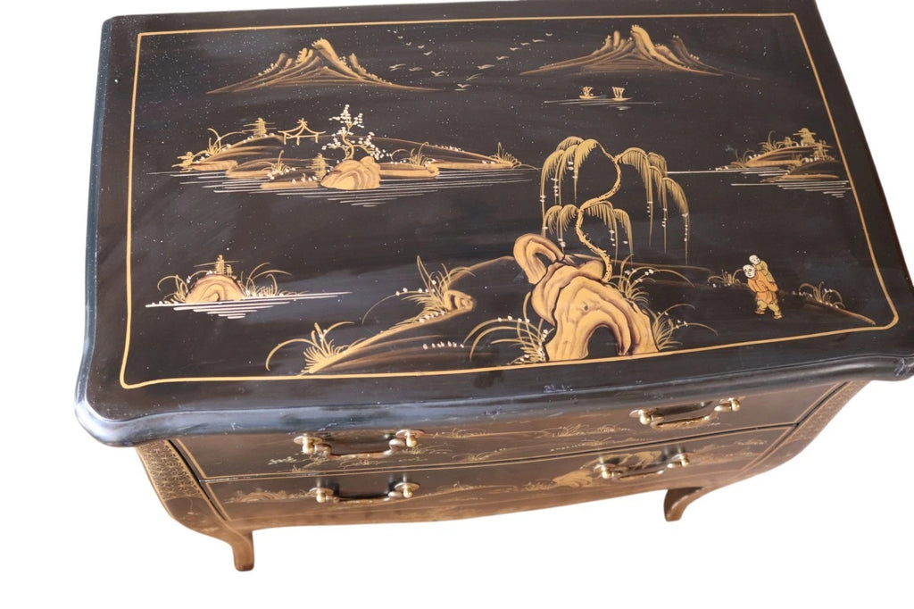 Vintage Chinoiserie Black Lacquer Chest of Drawers Gold Japanned Bomb Chest