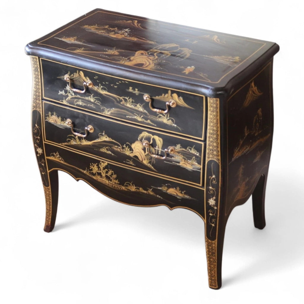Vintage Chinoiserie Black Lacquer Chest of Drawers Gold Japanned Bomb Chest