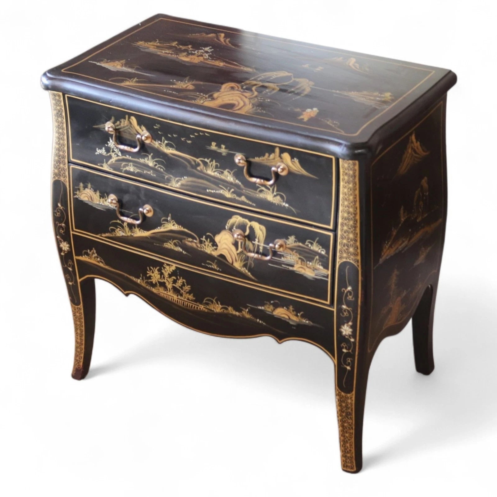 Vintage Chinoiserie Black Lacquer Chest of Drawers Gold Japanned Bomb Chest