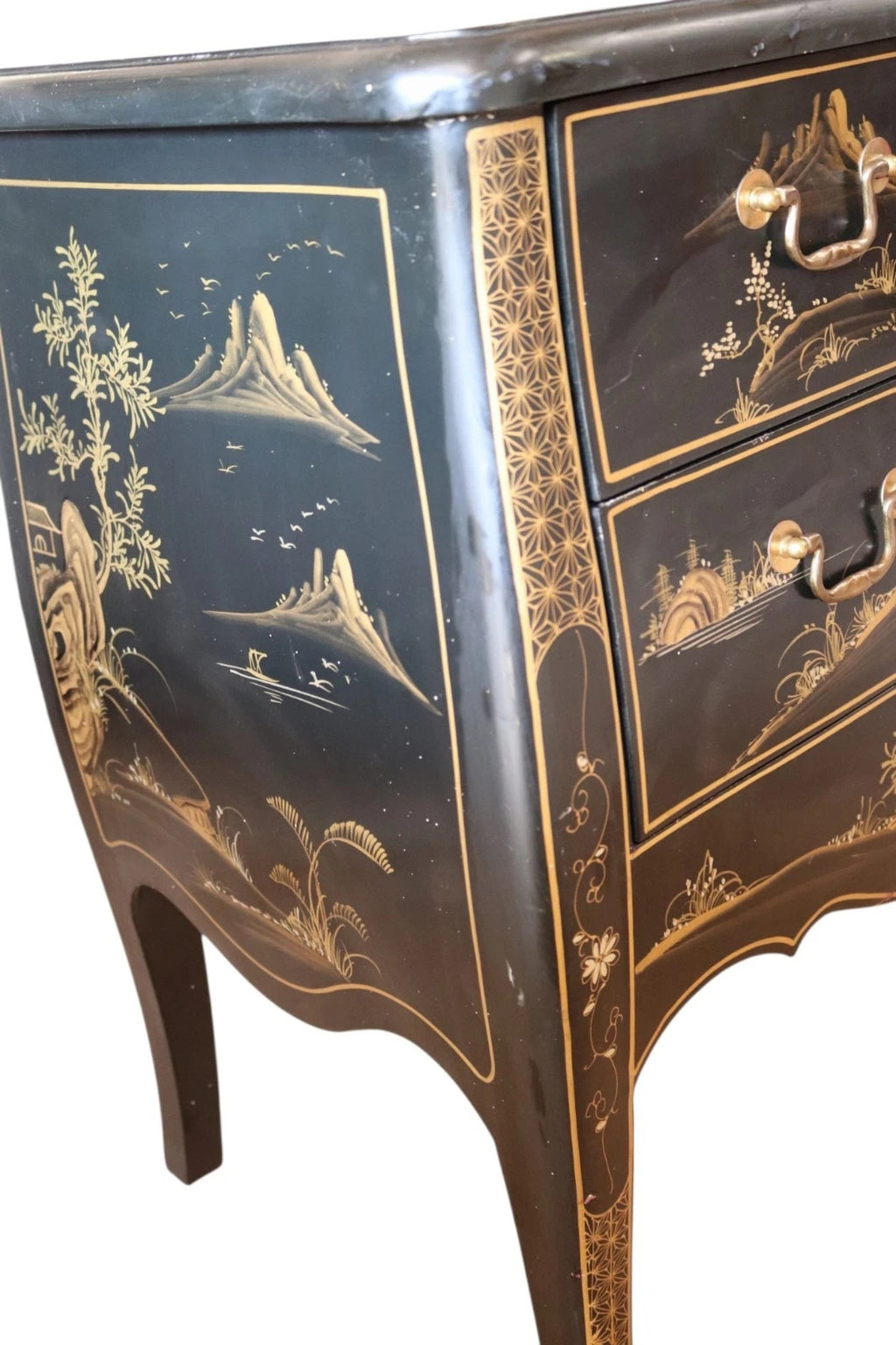 Vintage Chinoiserie Black Lacquer Chest of Drawers Gold Japanned Bomb Chest