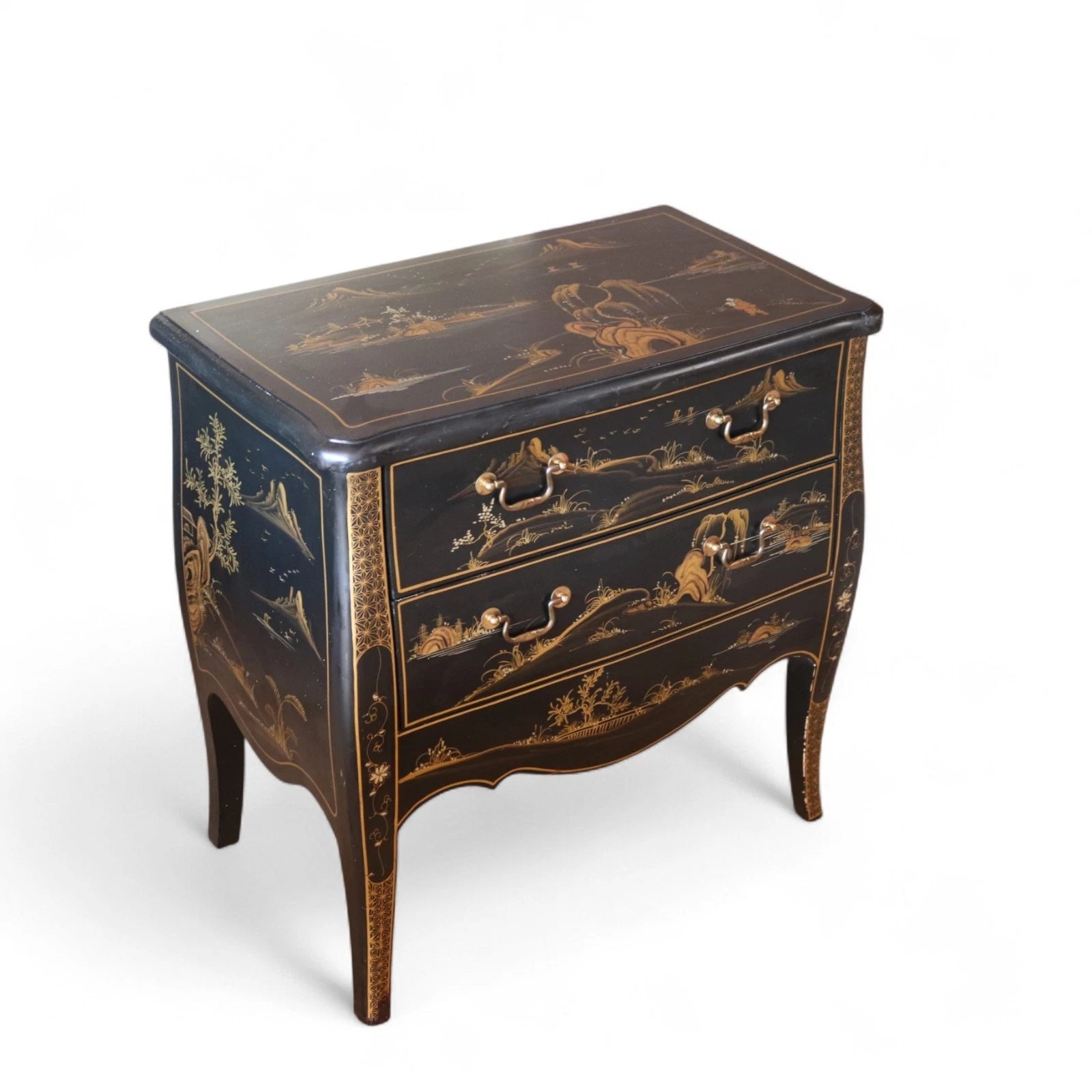 Vintage Chinoiserie Black Lacquer Chest of Drawers Gold Japanned Bomb Chest