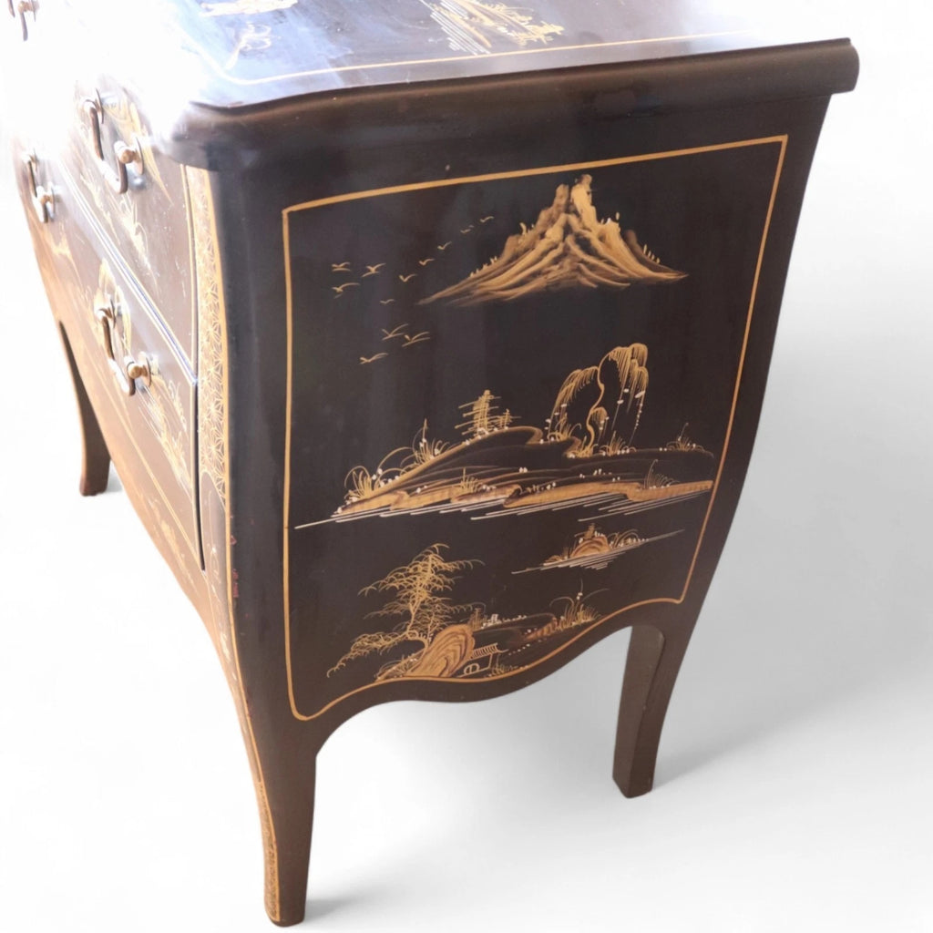 Vintage Chinoiserie Black Lacquer Chest of Drawers Gold Japanned Bomb Chest