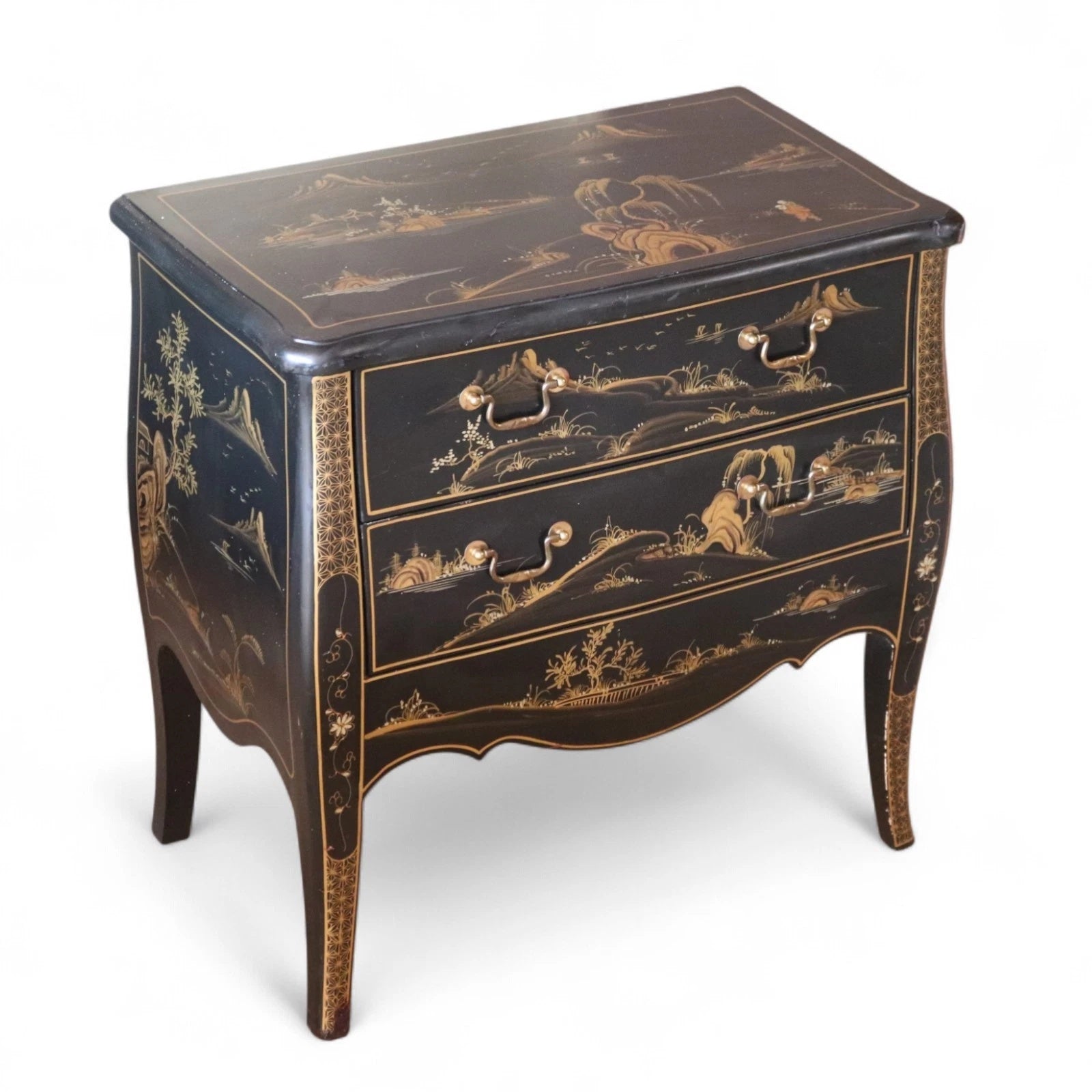 Vintage Chinoiserie Black Lacquer Chest of Drawers Gold Japanned Bomb Chest