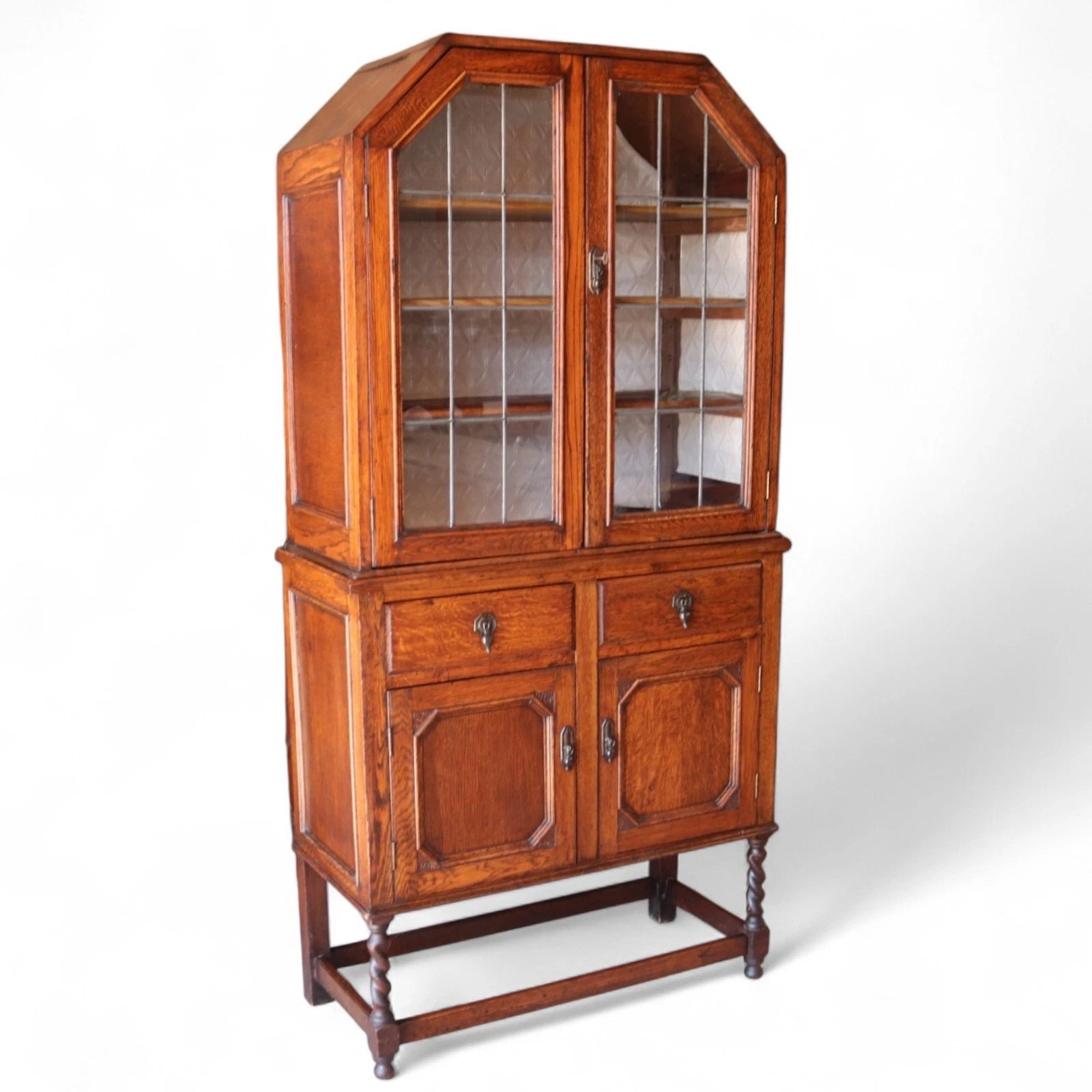 Antique Oak Leaded Glass Bookcase  Jacobean Revival Arts & Crafts Style Cabinet