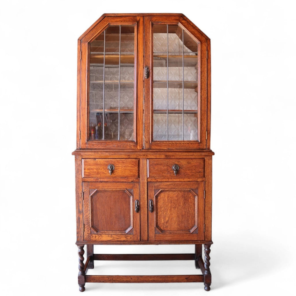 Antique Oak Leaded Glass Bookcase  Jacobean Revival Arts & Crafts Style Cabinet