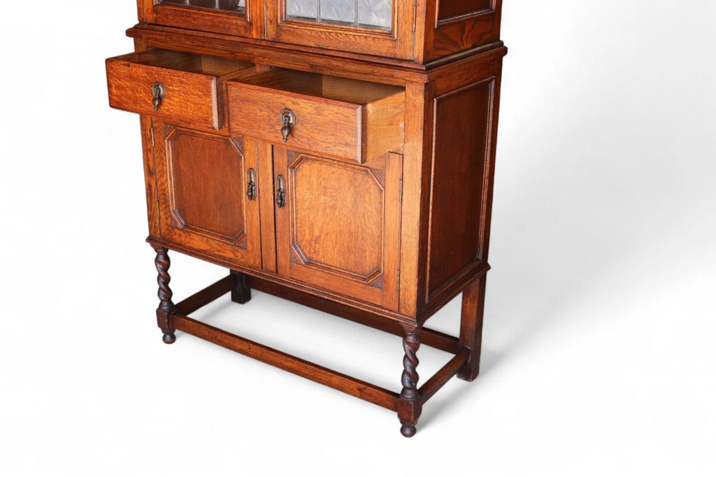 Antique Oak Leaded Glass Bookcase  Jacobean Revival Arts & Crafts Style Cabinet