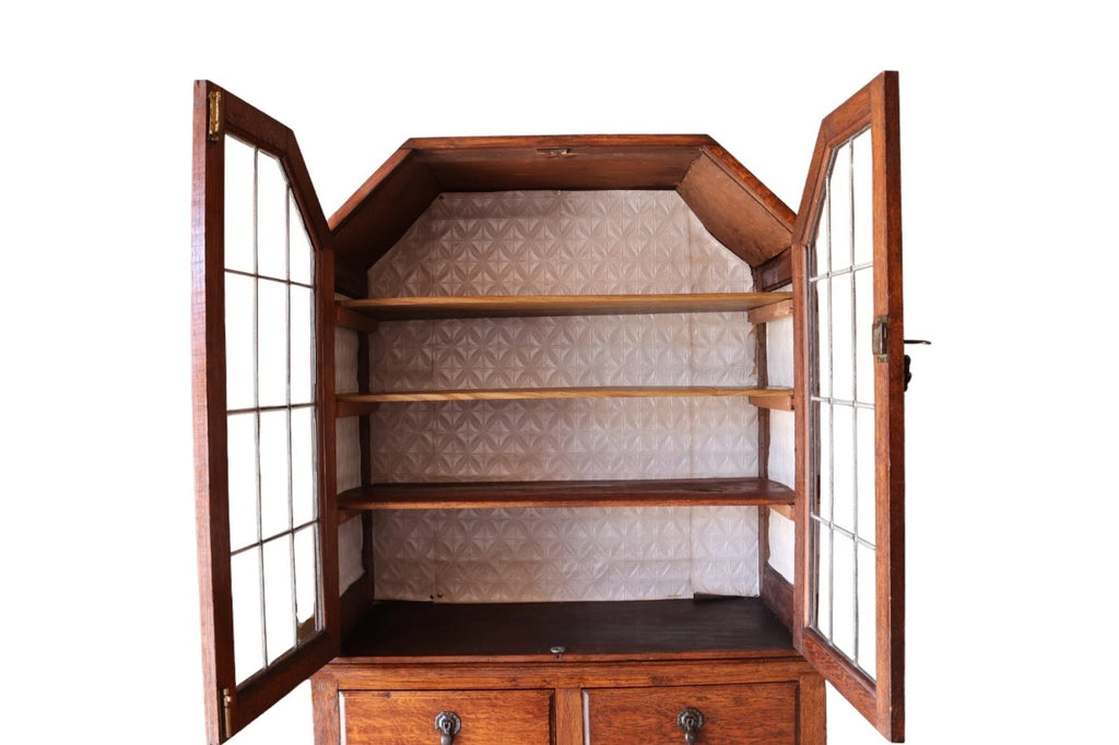 Antique Oak Leaded Glass Bookcase  Jacobean Revival Arts & Crafts Style Cabinet