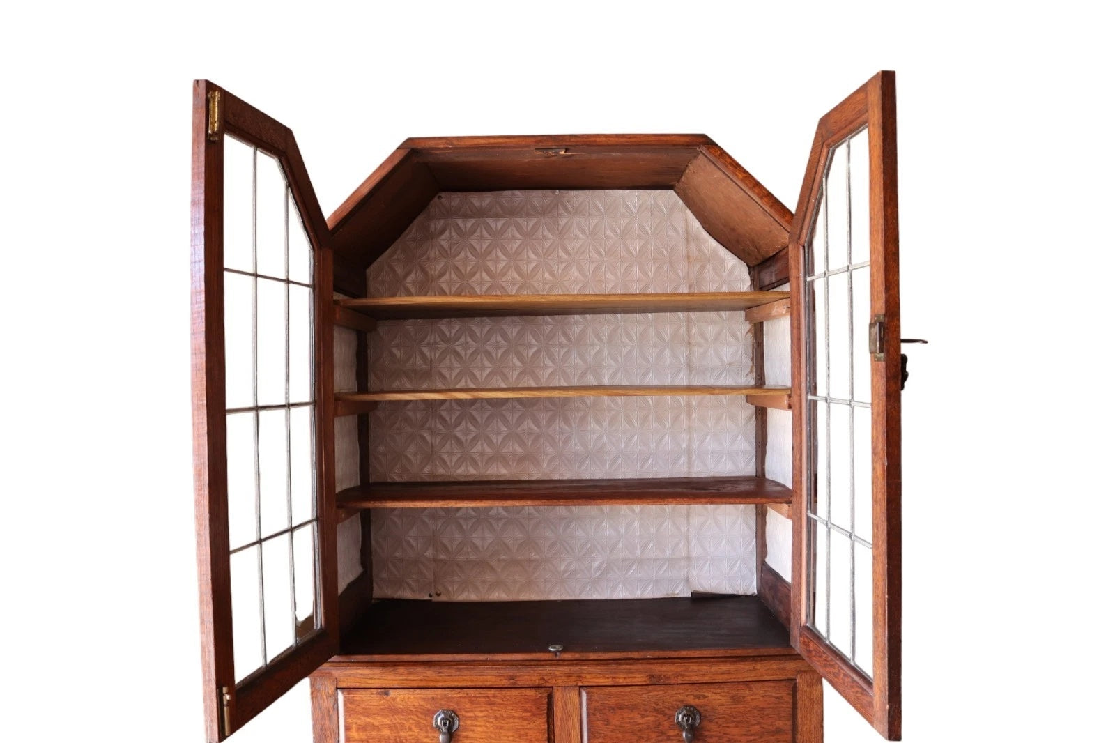 Antique Oak Leaded Glass Bookcase  Jacobean Revival Arts & Crafts Style Cabinet