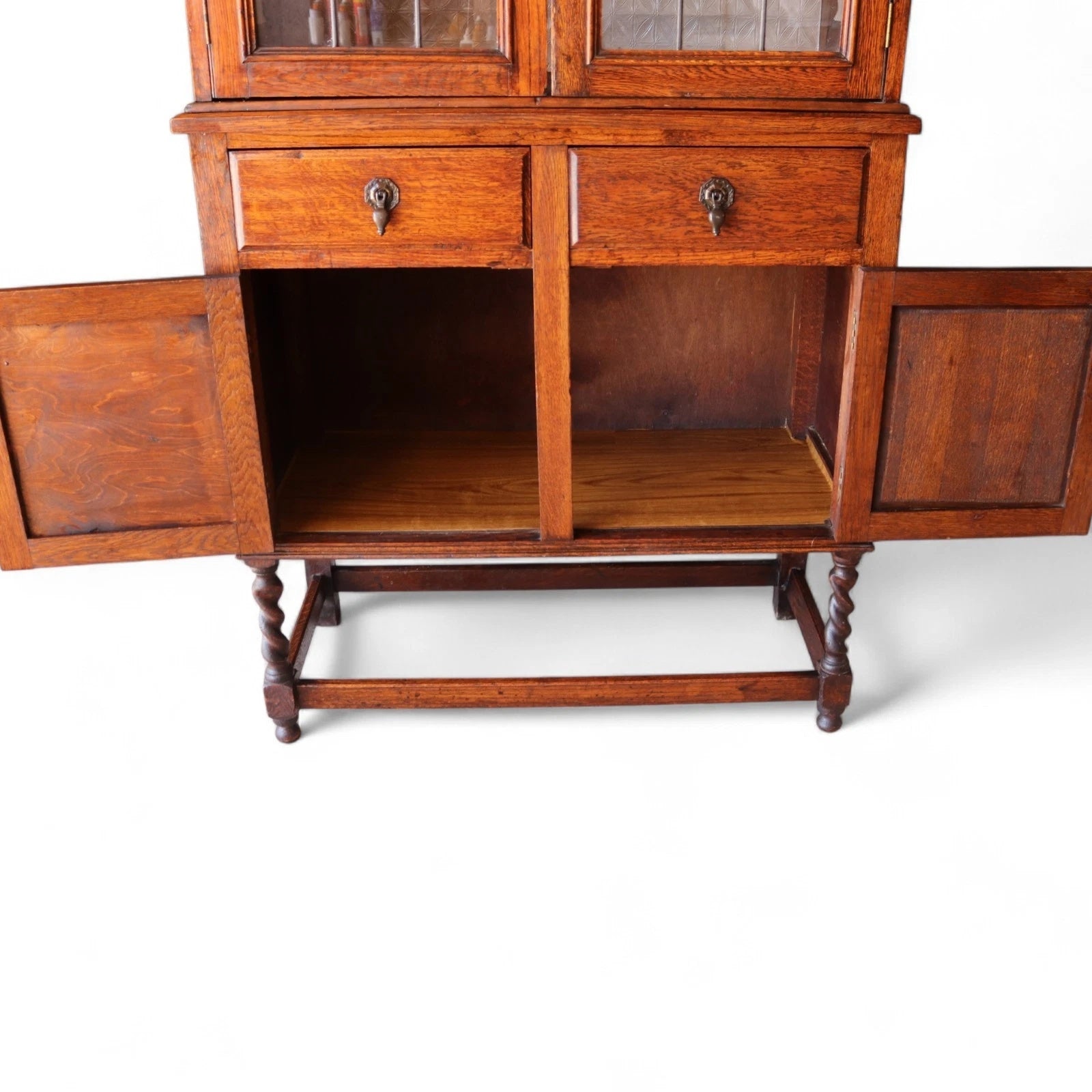 Antique Oak Leaded Glass Bookcase  Jacobean Revival Arts & Crafts Style Cabinet