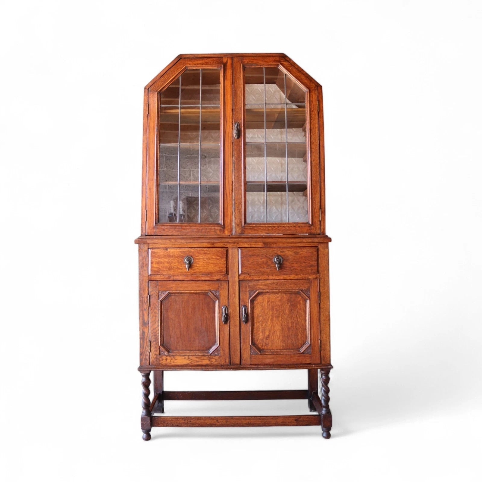 Antique Oak Leaded Glass Bookcase  Jacobean Revival Arts & Crafts Style Cabinet