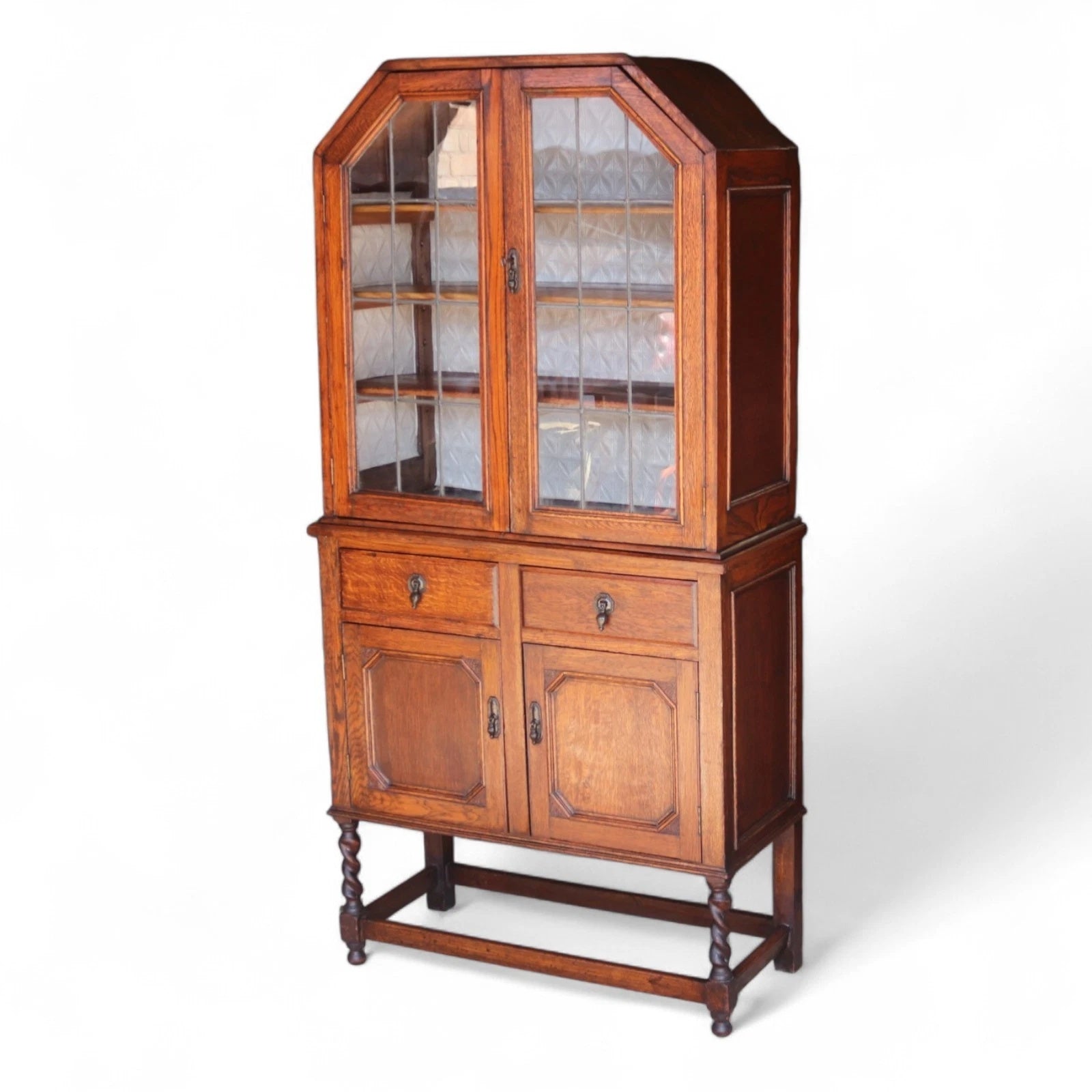 Antique Oak Leaded Glass Bookcase  Jacobean Revival Arts & Crafts Style Cabinet