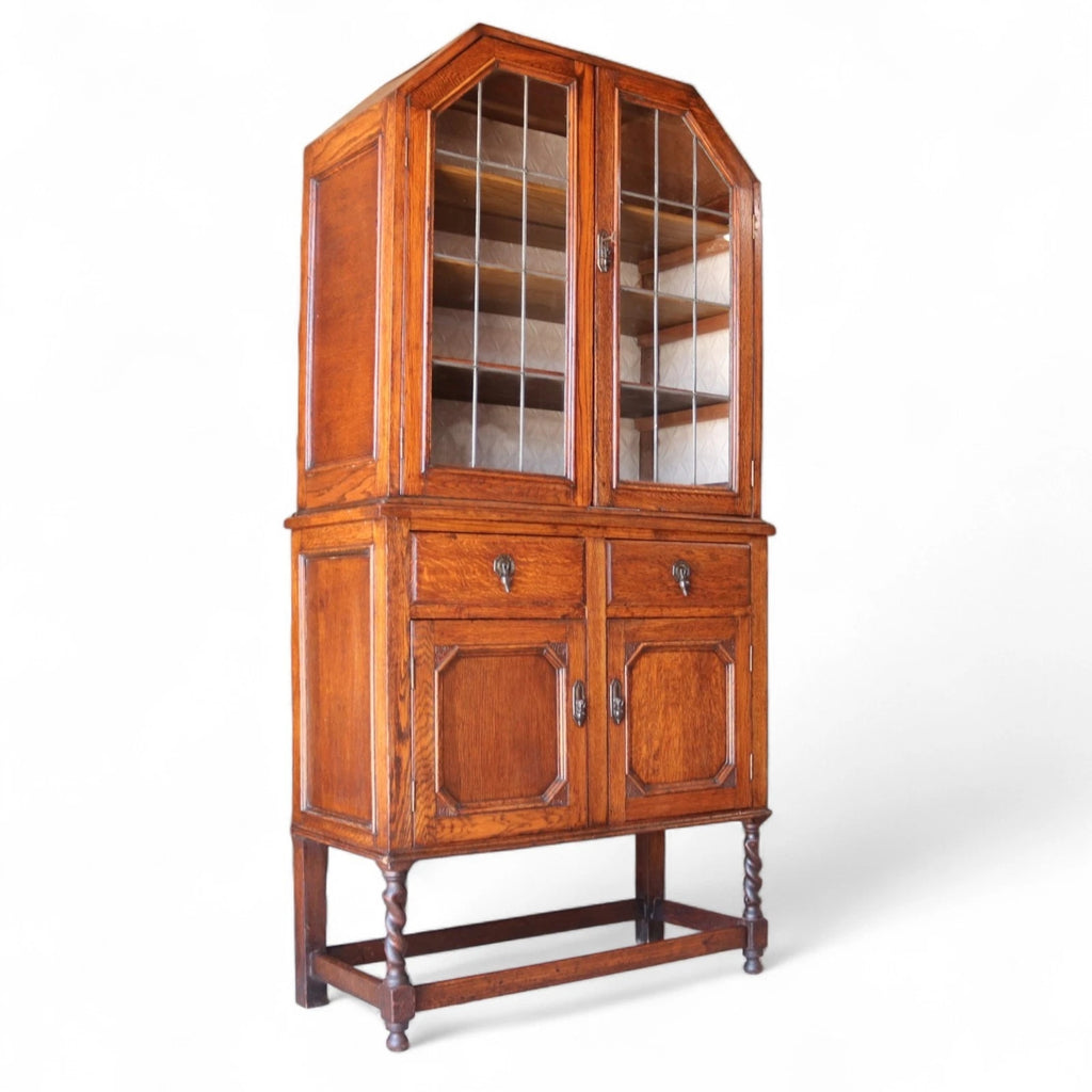 Antique Oak Leaded Glass Bookcase  Jacobean Revival Arts & Crafts Style Cabinet