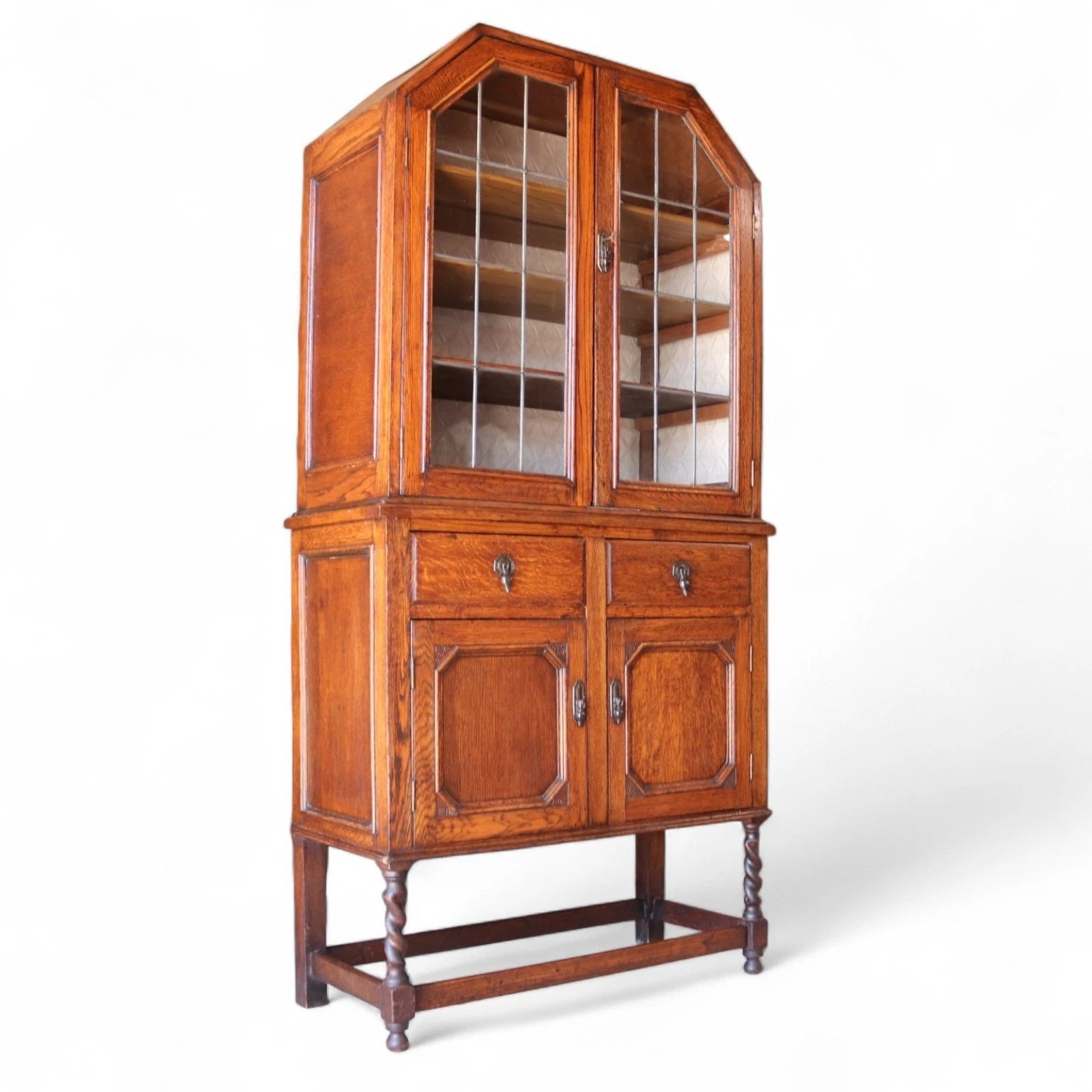 Antique Oak Leaded Glass Bookcase  Jacobean Revival Arts & Crafts Style Cabinet