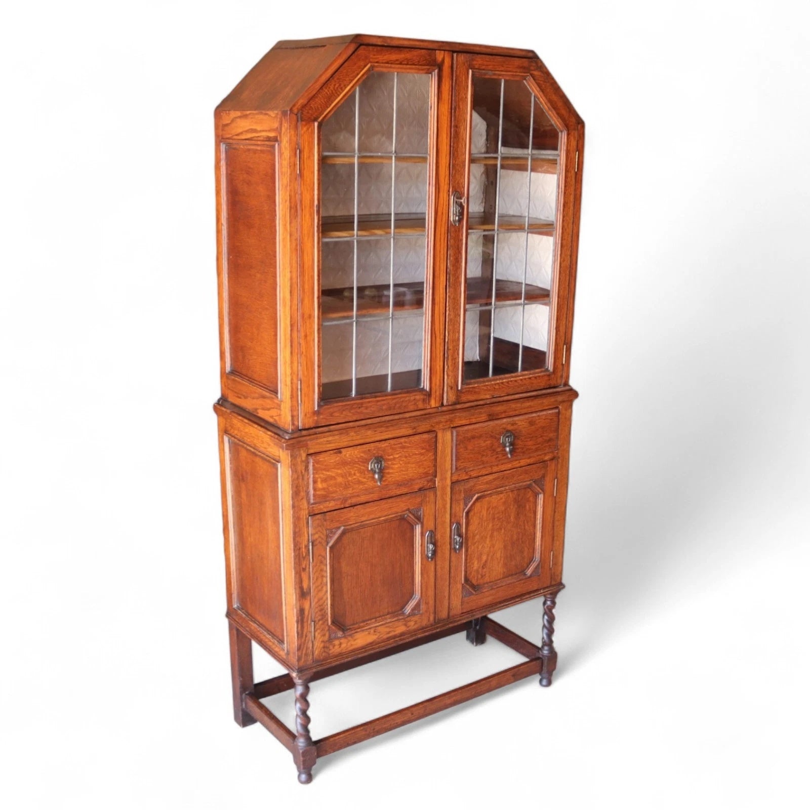 Antique Oak Leaded Glass Bookcase  Jacobean Revival Arts & Crafts Style Cabinet