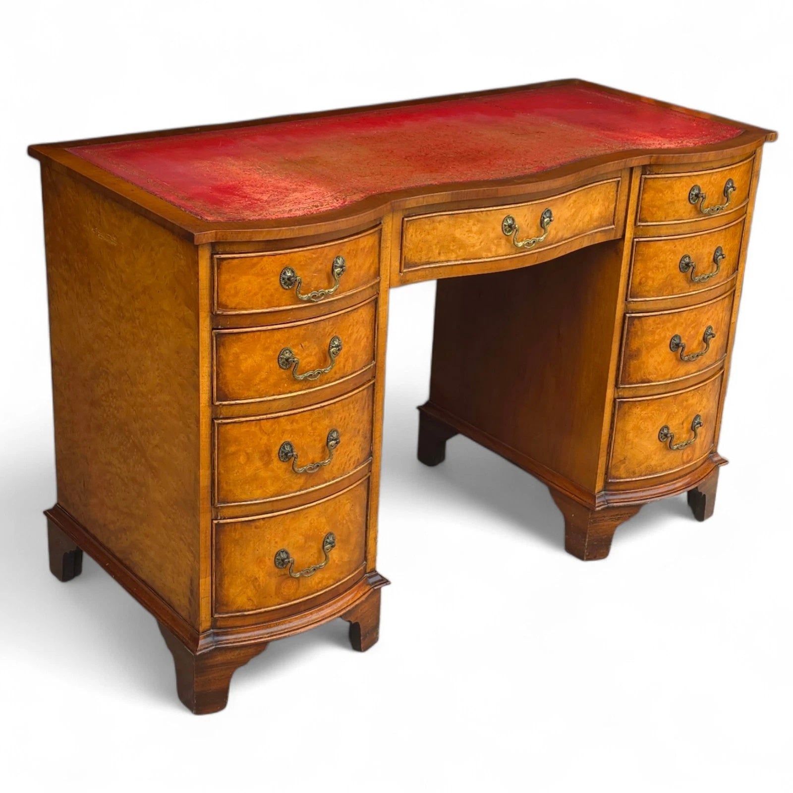 Vintage Burr Walnut Red Leather Top  Serpentine Front Pedestal Writing Desk