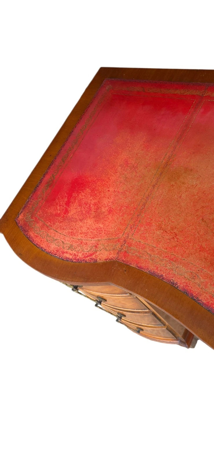 Vintage Burr Walnut Red Leather Top  Serpentine Front Pedestal Writing Desk
