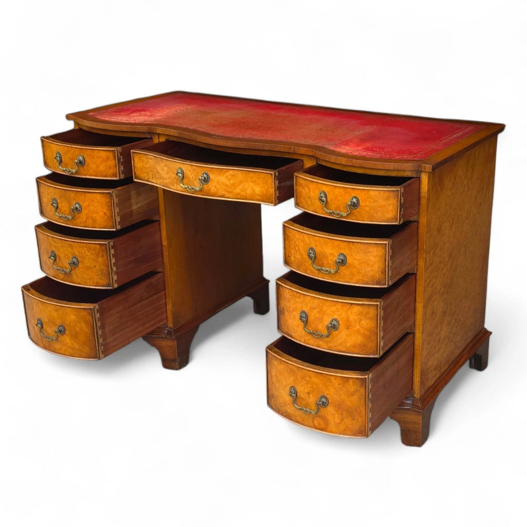 Vintage Burr Walnut Red Leather Top  Serpentine Front Pedestal Writing Desk